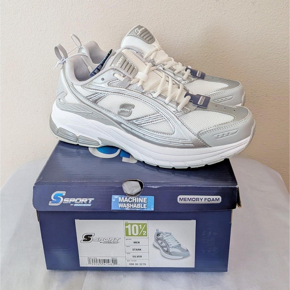 New Skechers S Sport Men's Stark Memory Foam Sneakers Shoes White Silver 10.5
